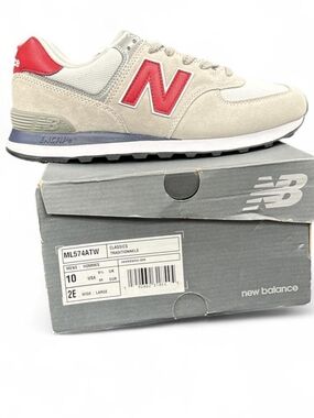 New Balance Men's 574 Suede & Mesh Sneaker in Beige with Red N